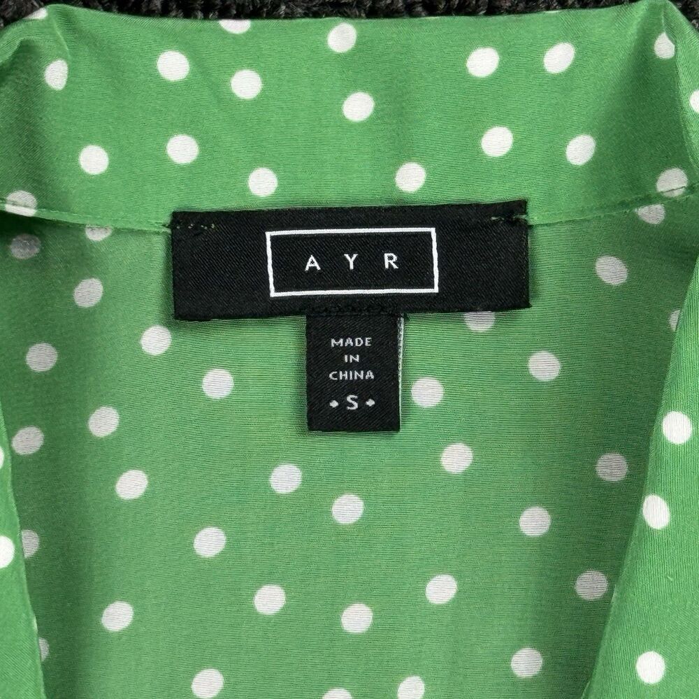 AYR Women’s Size S Polka Dot Short Sleeve Button Up Blouse Green Silk Blend - Picture 2 of 12